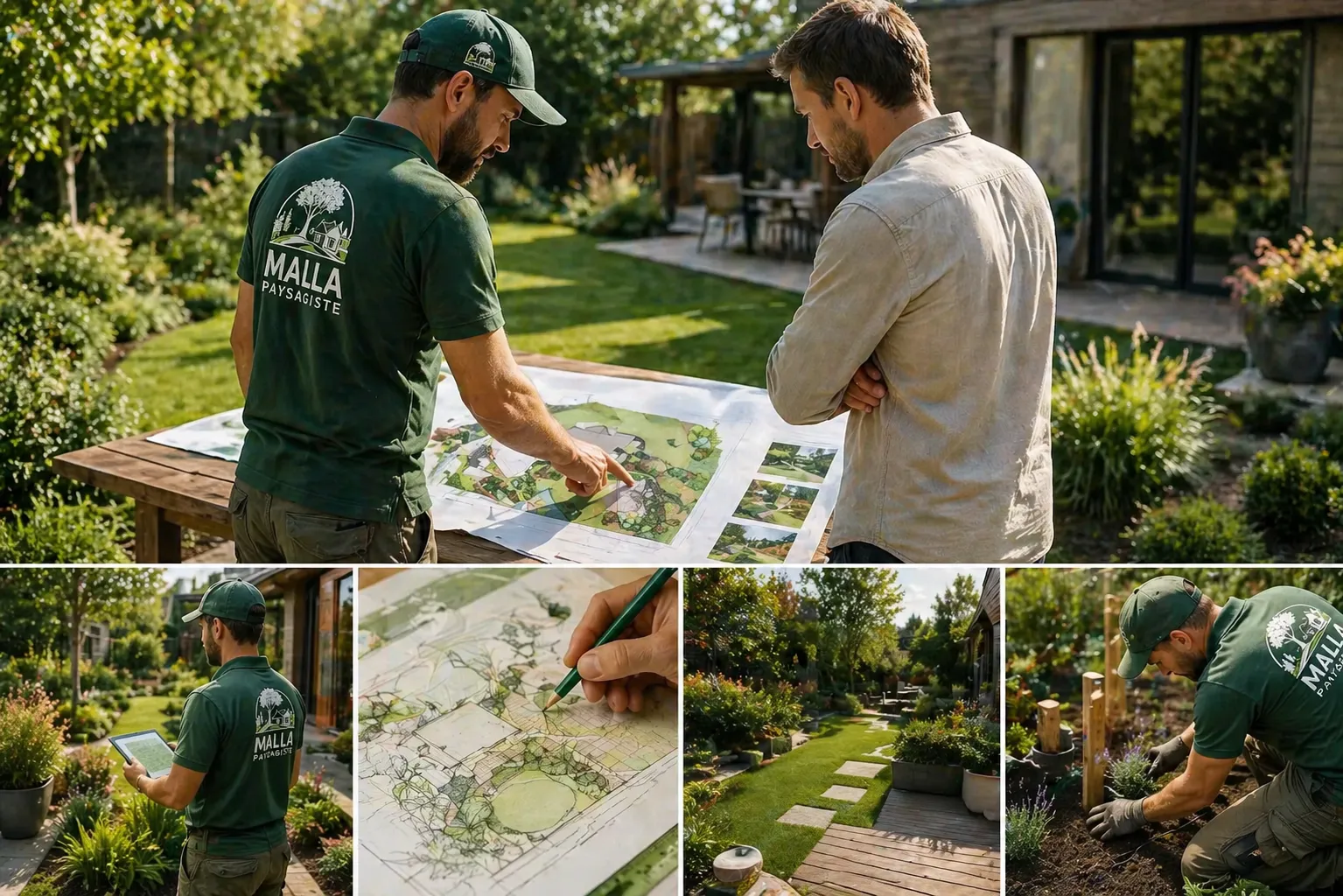 Paysagiste avec camion Malla se déplaçant dans une zone résidentielle pour intervenir sur plusieurs jardins en Val-de-Marne
