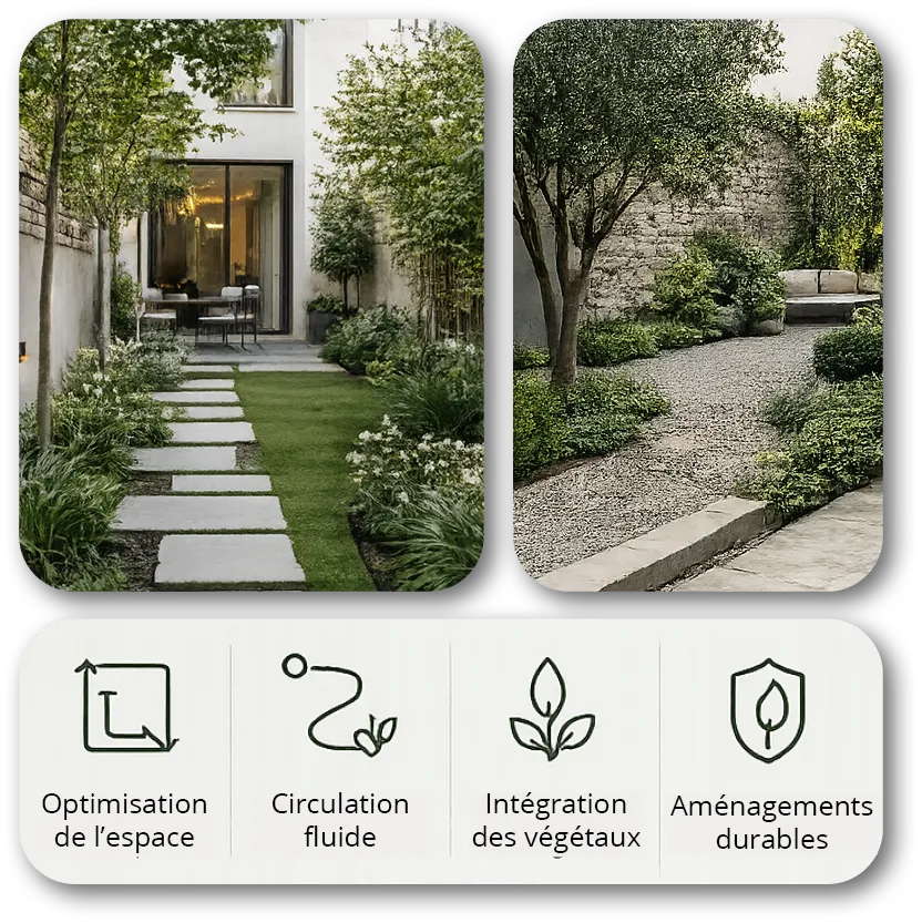 Paysagiste aménageant un jardin urbain avec allée en pas japonais, végétation structurée et espace optimisé en Val-de-Marne 94