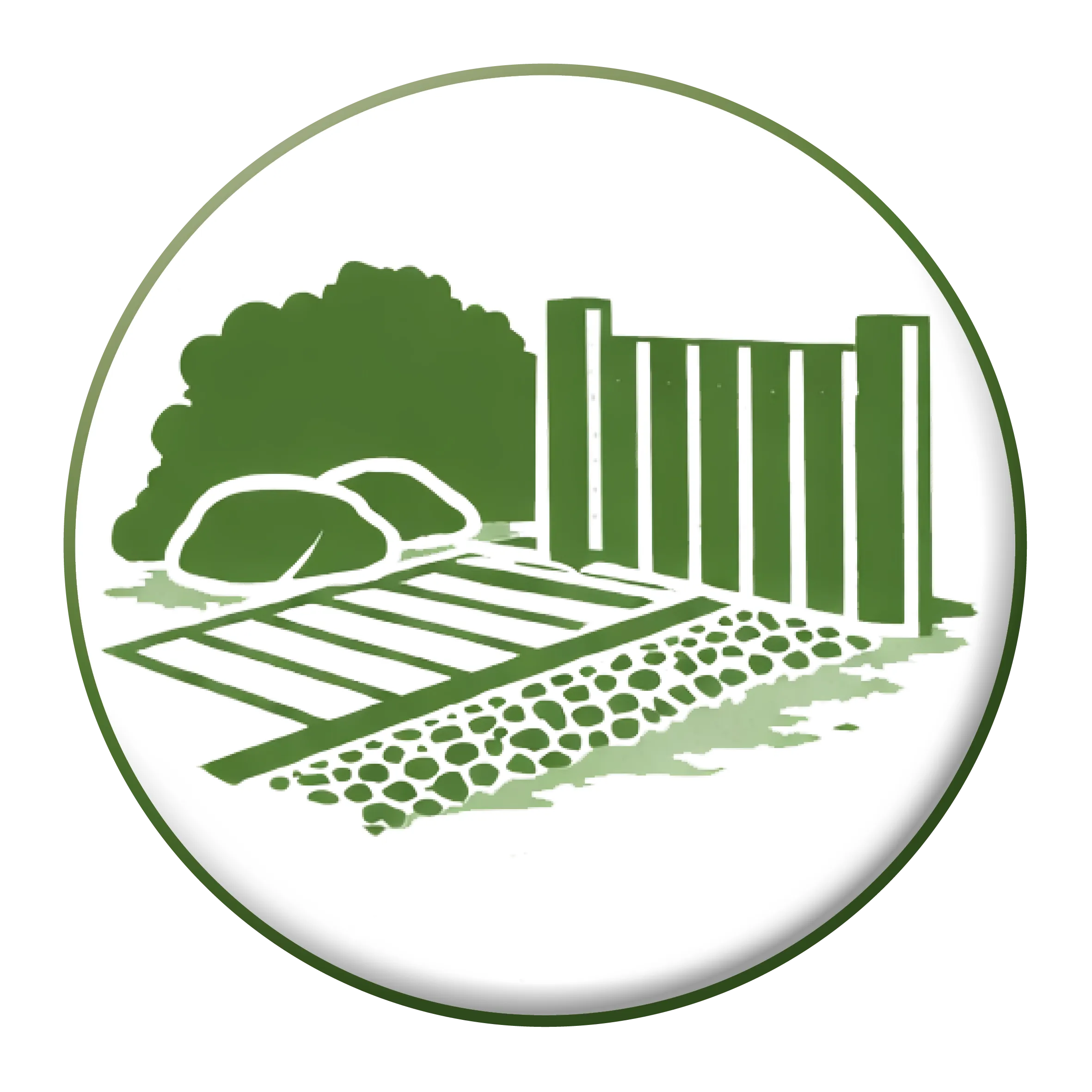 Pictogramme aménagement extérieur avec terrasse, clôture et allée pour création d’espace paysage