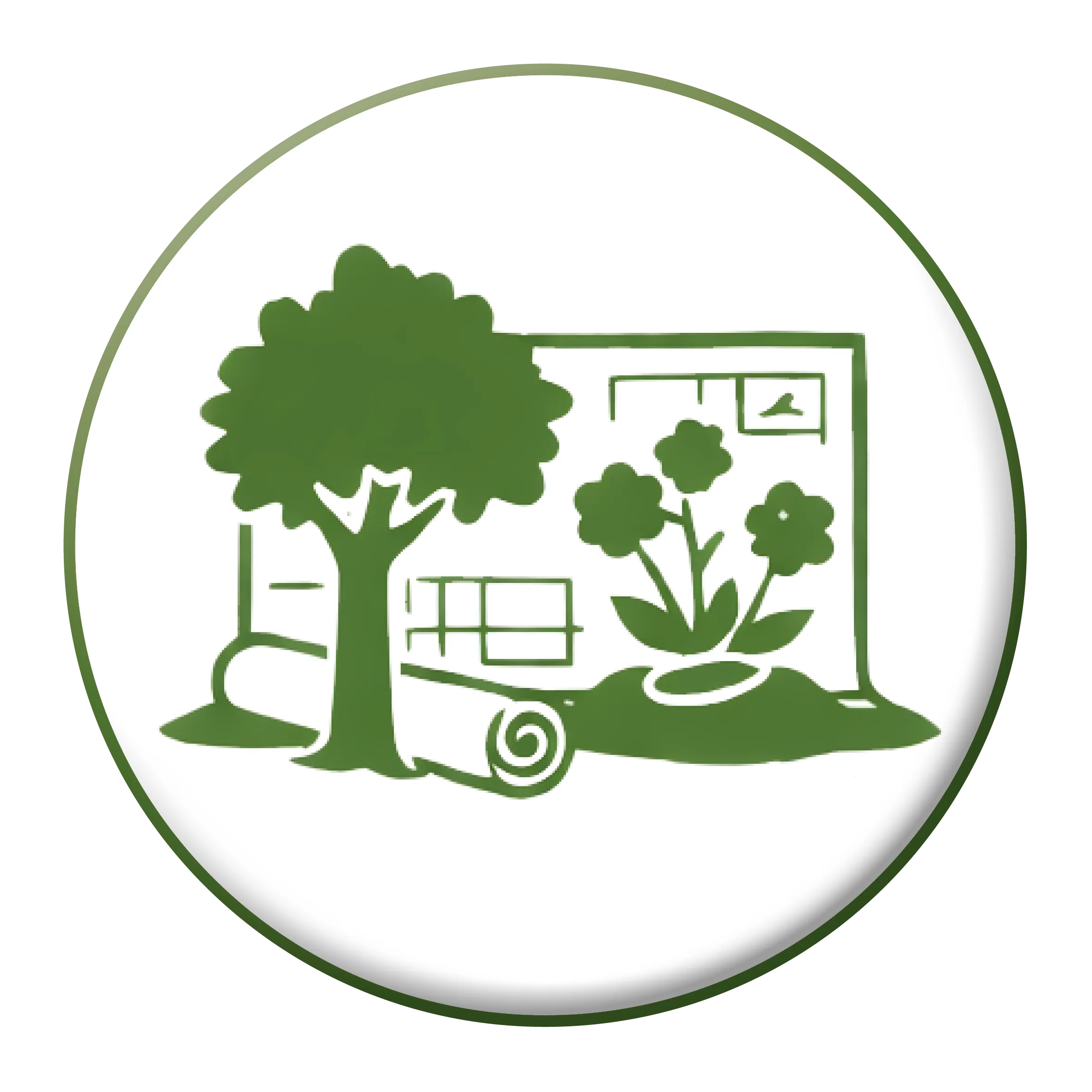 Pictogramme création de jardin paysagiste avec arbre, plan et plantation en ver