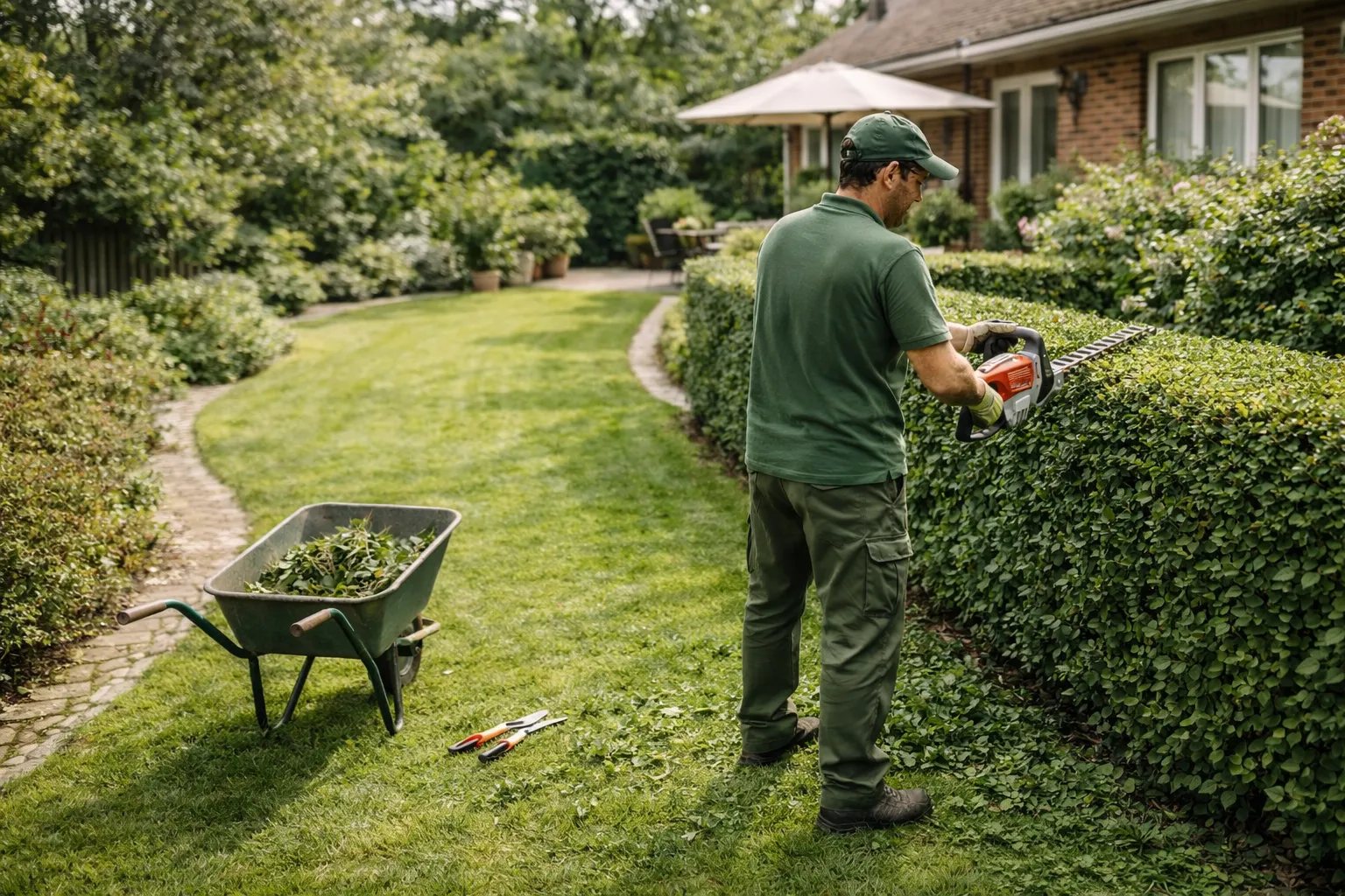 Jardinier en train de tailler une haie dans un jardin résidentiel bien entretenu avec pelouse propre et outils de jardinage visibles