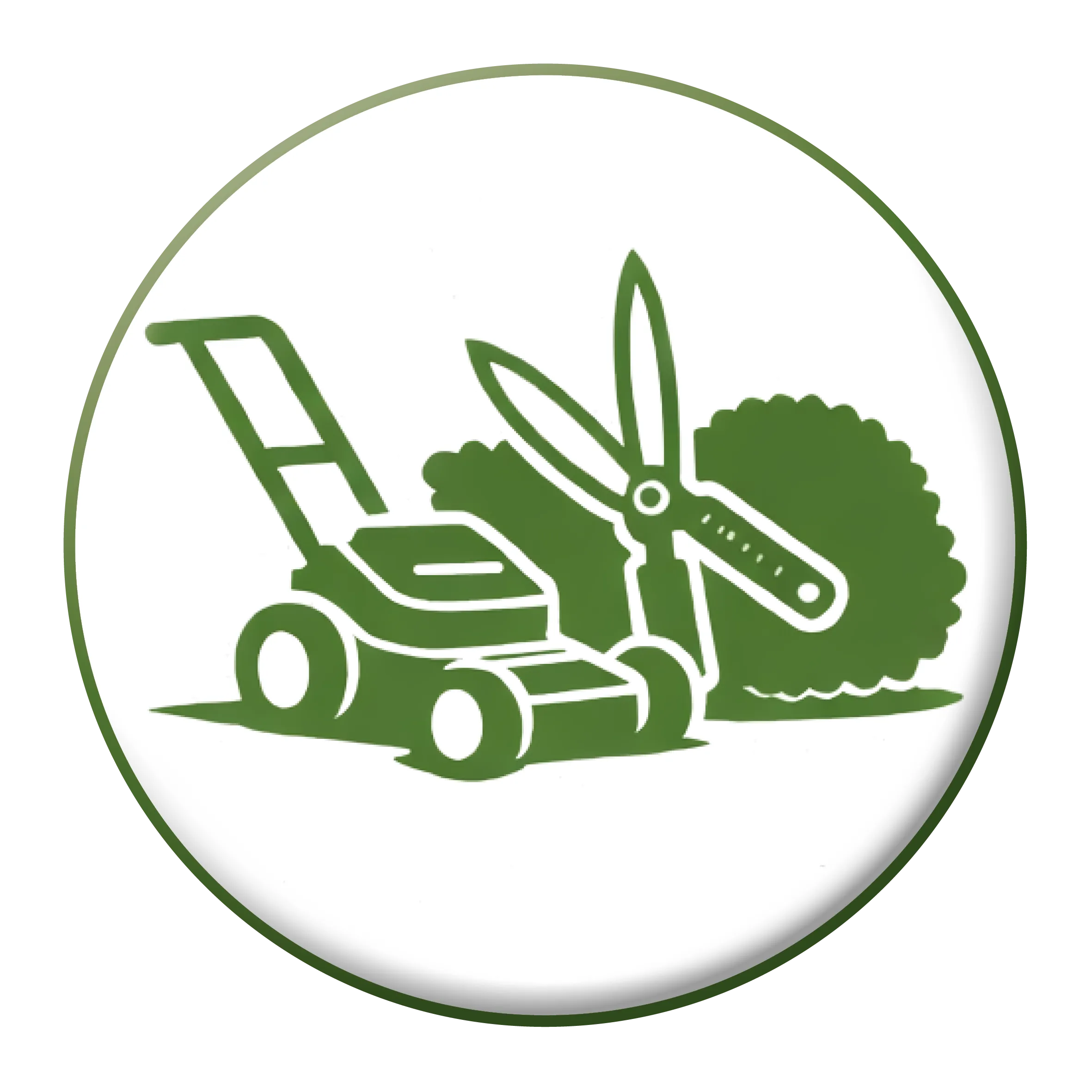 Pictogramme entretien espaces verts avec tondeuse, taille-haie et arbuste pour maintenance de jardin