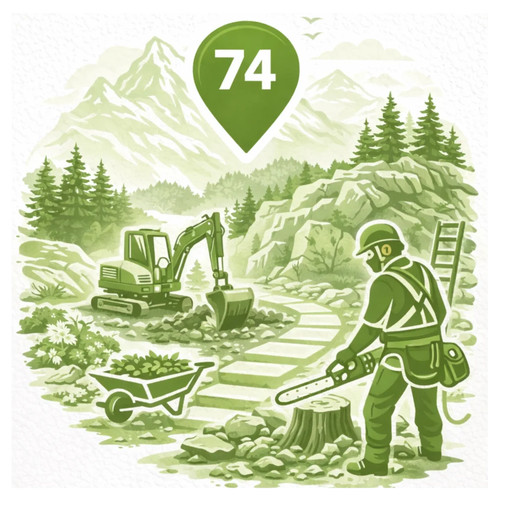Illustration paysagiste en Haute-Savoie avec repère 74, terrain alpin, élagage et aménagement extérieur en montagne