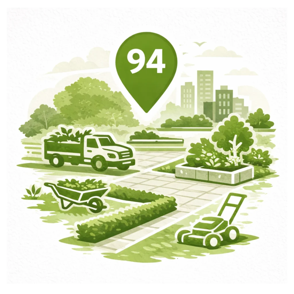 Illustration paysagiste en Val-de-Marne avec repère 94, entretien de jardin et aménagement urbain paysager