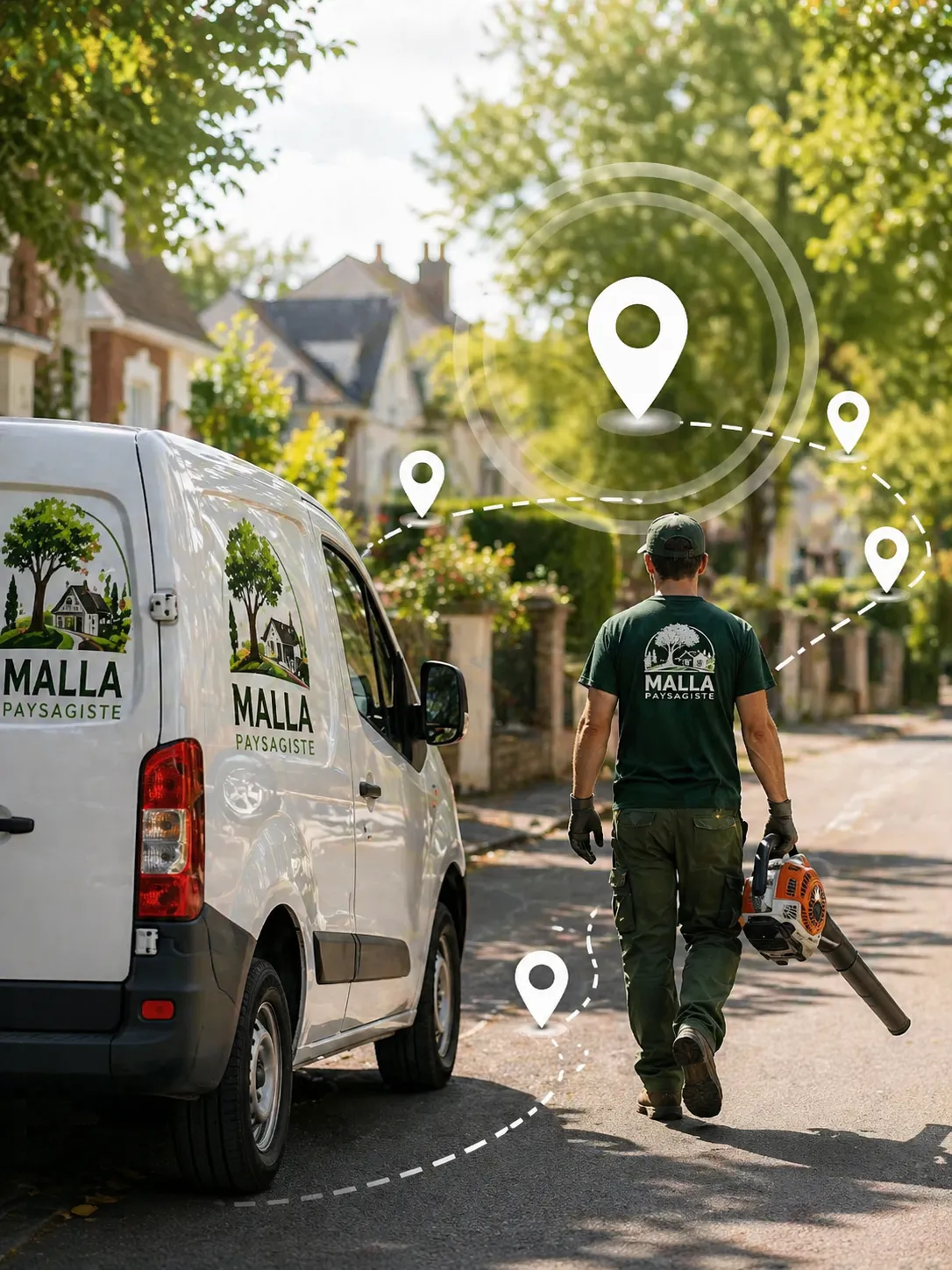 Paysagiste avec camion Malla se déplaçant dans une zone résidentielle pour intervenir sur plusieurs jardins en Val-de-Marne