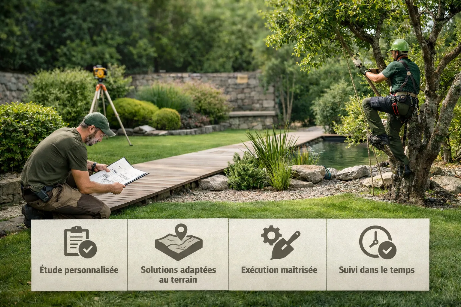 Paysagiste professionnel réalisant étude de jardin, aménagement paysager et élagage avec approche technique et suivi durable