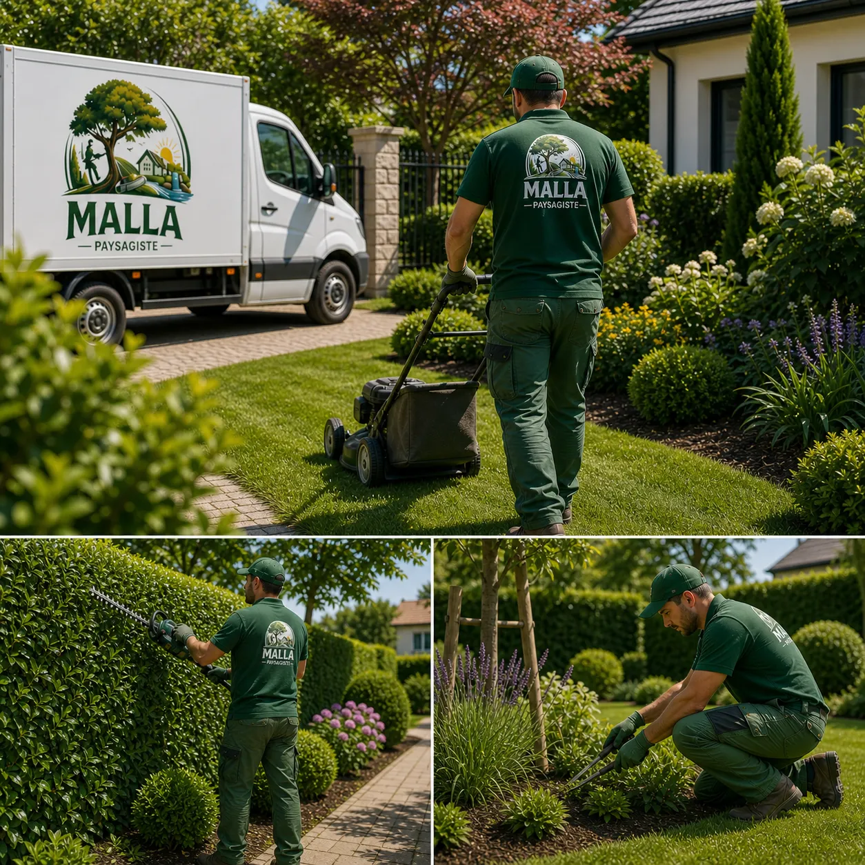 Paysagiste avec camion Malla se déplaçant dans une zone résidentielle pour intervenir sur plusieurs jardins en Val-de-Marne
