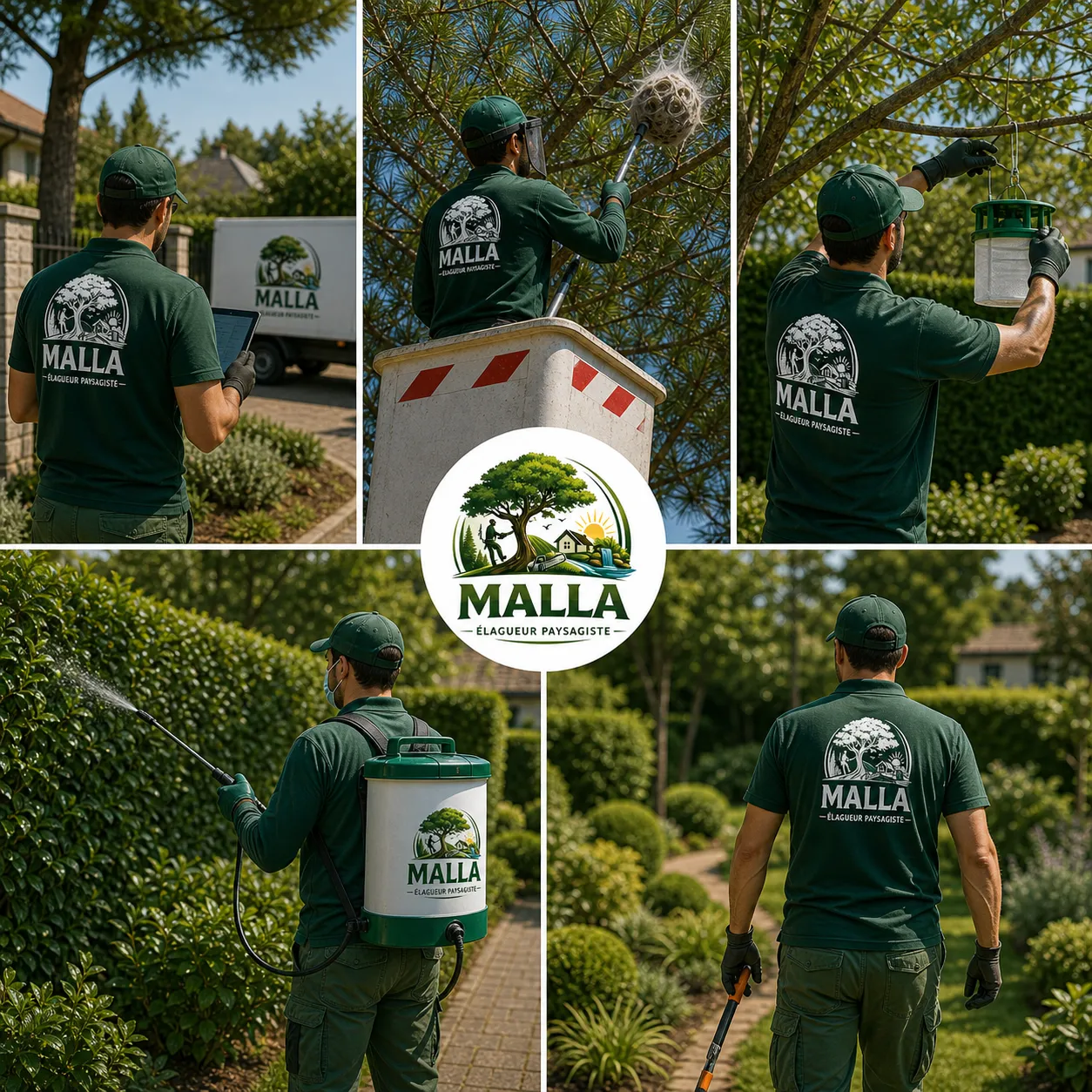 Paysagiste avec camion Malla se déplaçant dans une zone résidentielle pour intervenir sur plusieurs jardins en Val-de-Marne