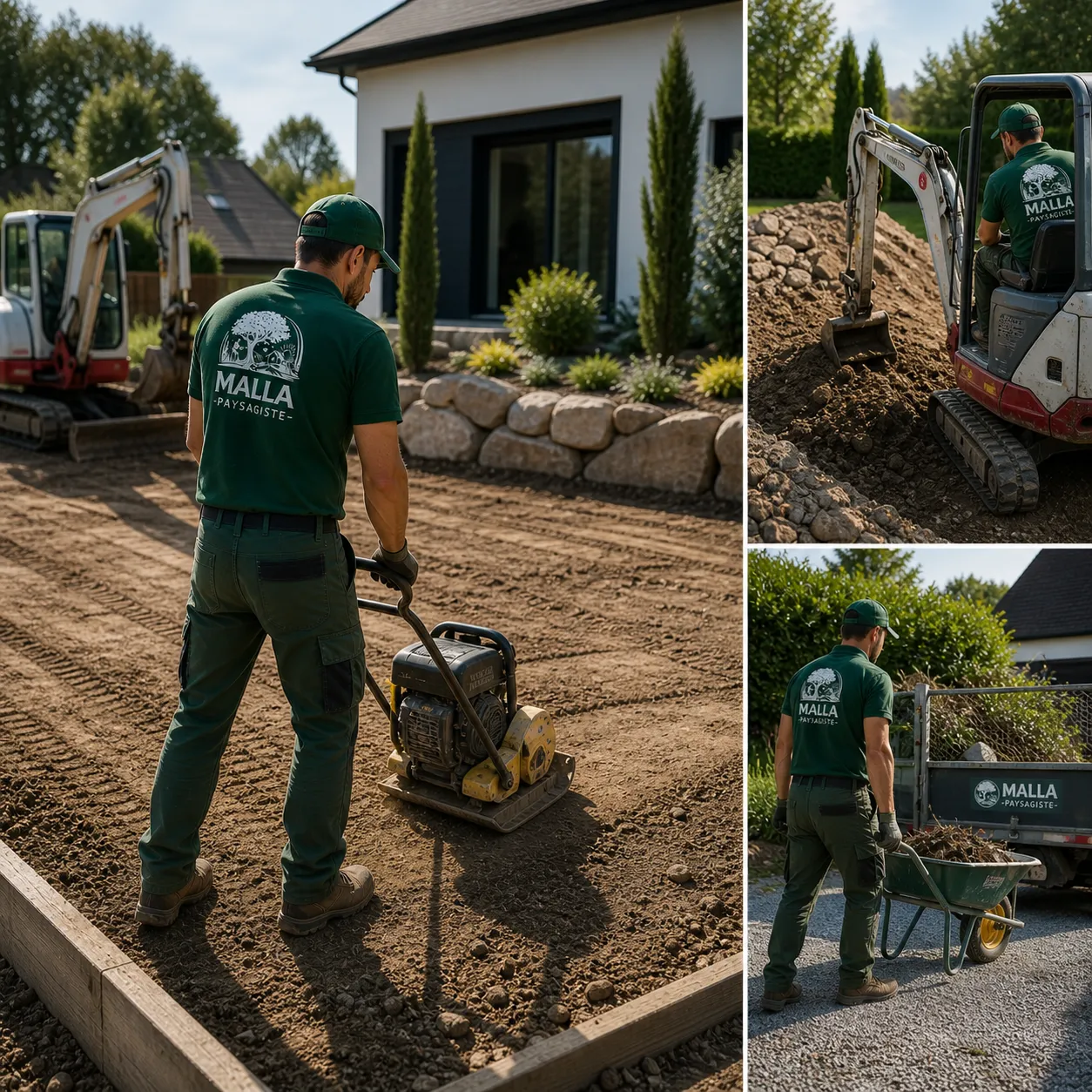 Paysagiste avec camion Malla se déplaçant dans une zone résidentielle pour intervenir sur plusieurs jardins en Val-de-Marne