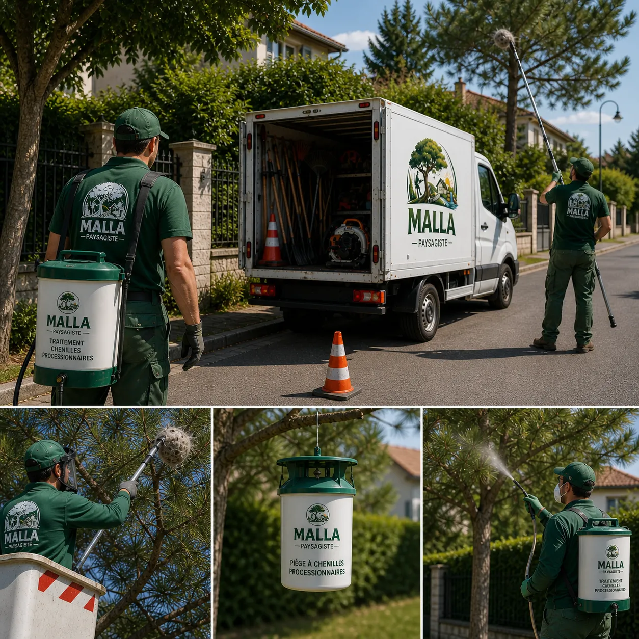 Paysagiste avec camion Malla se déplaçant dans une zone résidentielle pour intervenir sur plusieurs jardins en Val-de-Marne